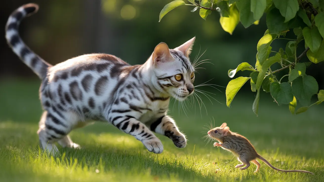 Bengal cat stalking a small mouse on a lush green lawn