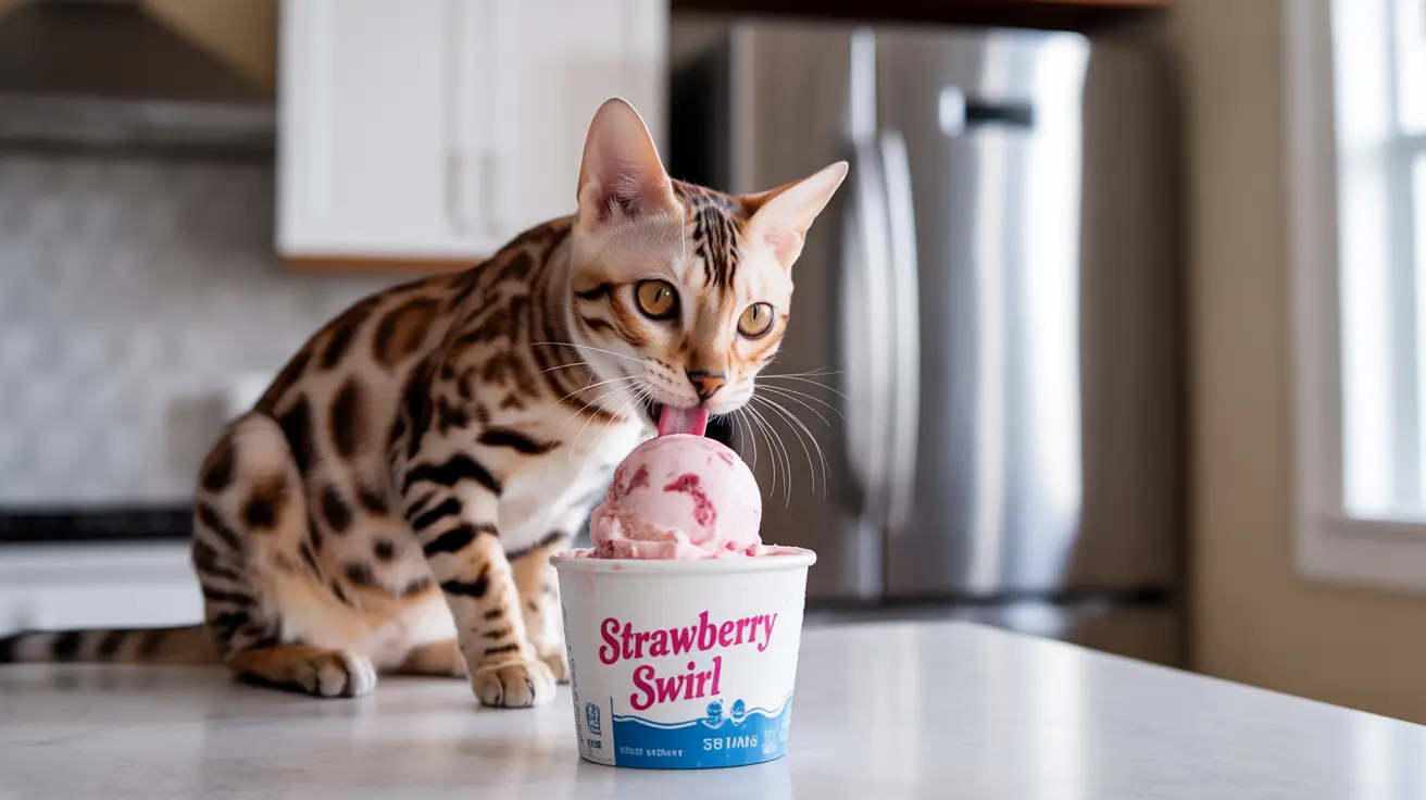 Bengal cat licking a scoop of strawberry ice cream from a Strawberry Swirl container in a kitchen