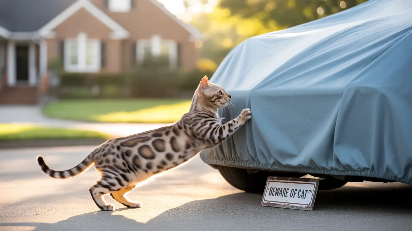 住宅の車道で青いカーカバーに寄りかかって伸びをしているベンガル猫