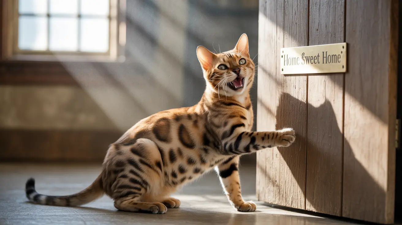 Un gato bengalí juguetón se estira y maúlla cerca de un letrero que dice 'Hogar Dulce Hogar' en un entorno interior rústico.