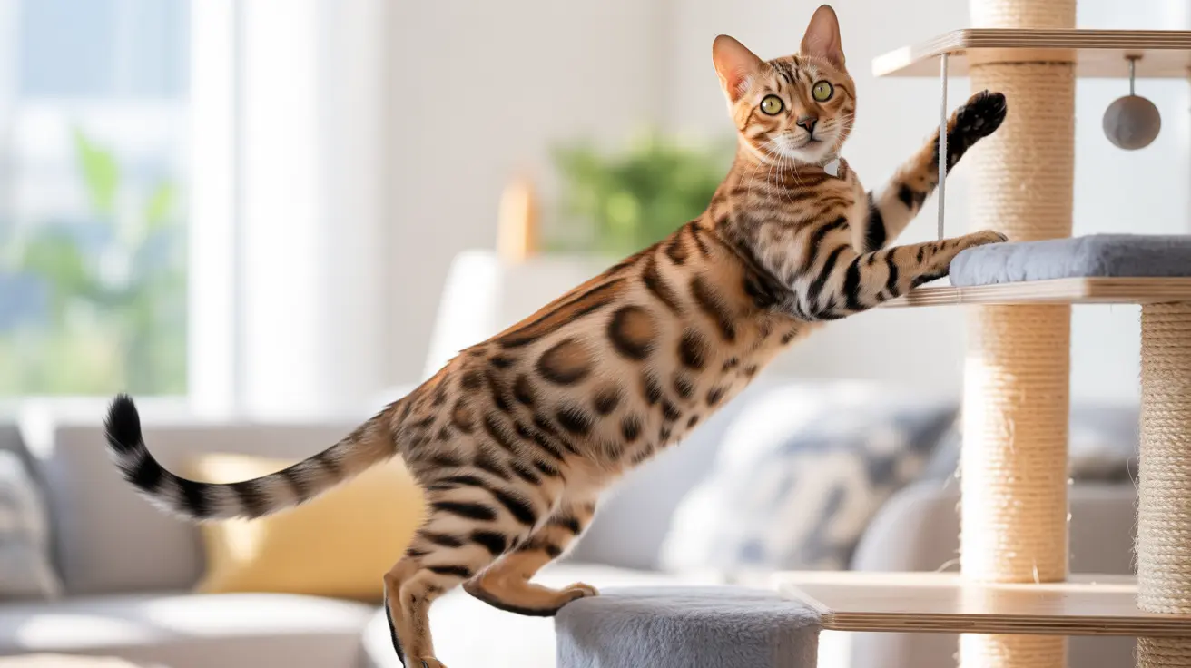 A Bengal cat stretching and playing on a modern cat tree in a bright, airy living room