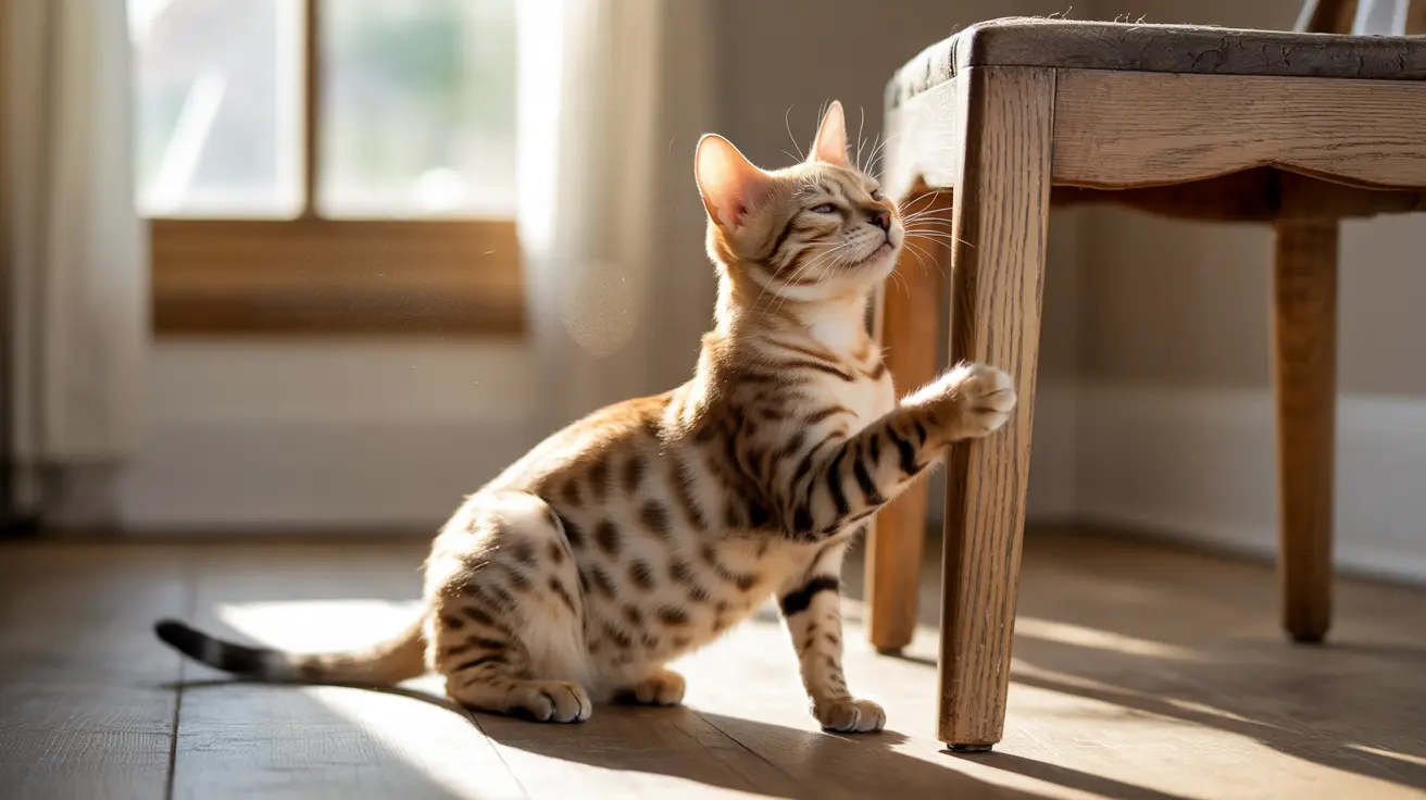 A Bengal cat stretching and leaning against a wooden chair leg in soft, warm sunlight