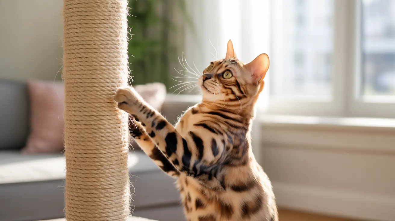 Bengal cat stretching and scratching on a tall sisal rope scratching post