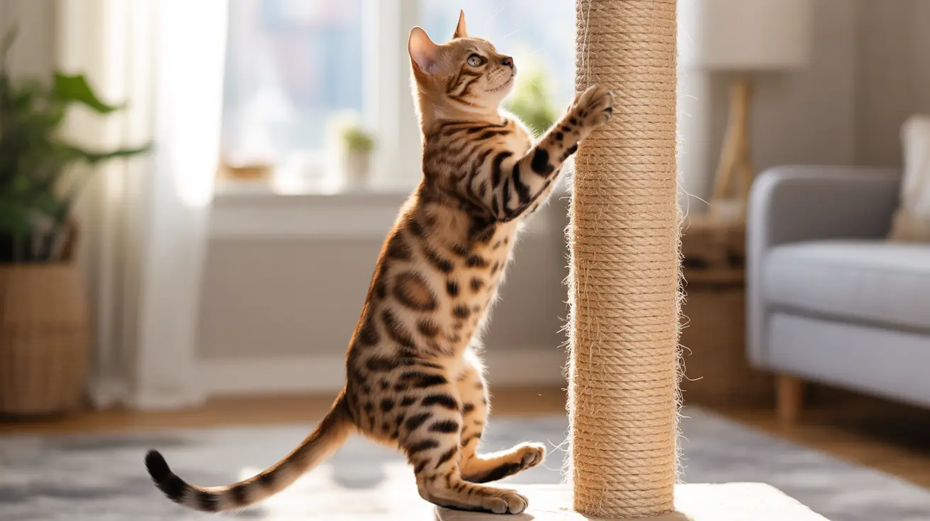 Bengal cat stretching and scratching on a tall rope post in a bright modern living room