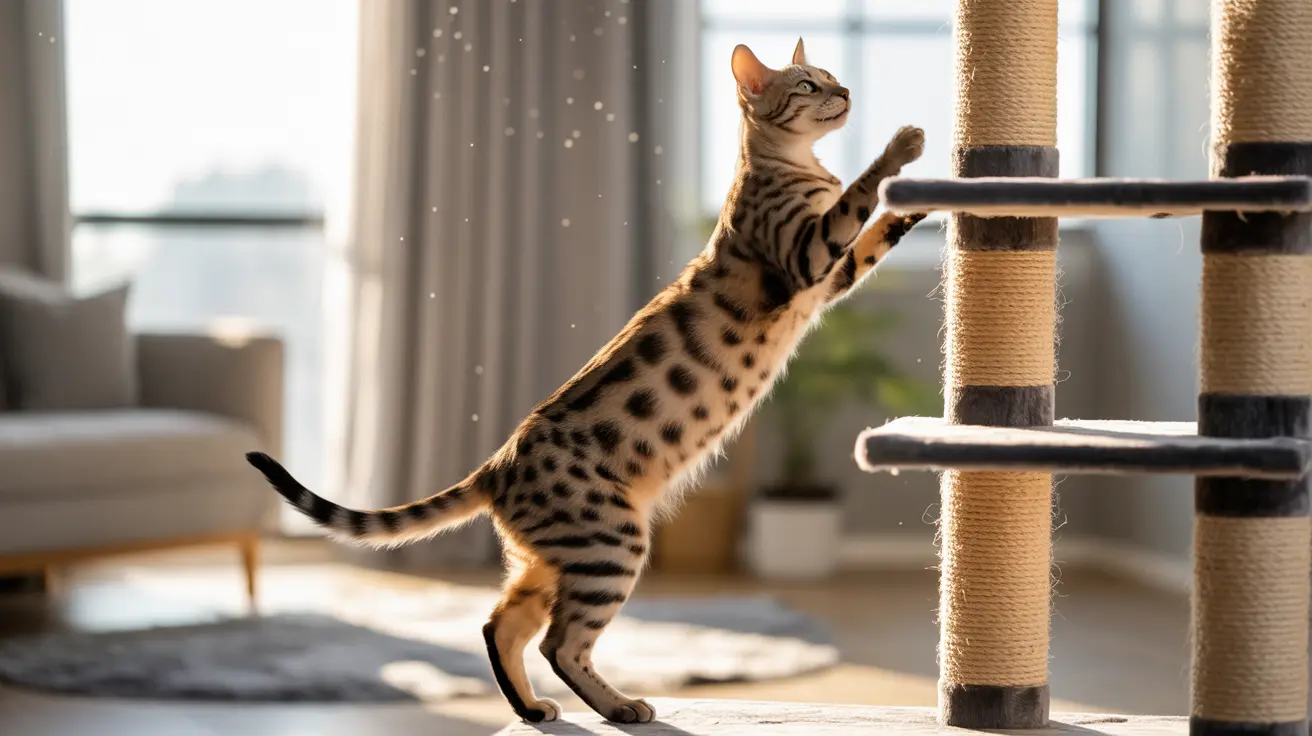 Un gato bengalí estirándose y alcanzando un rascador en una sala de estar moderna y luminosa.