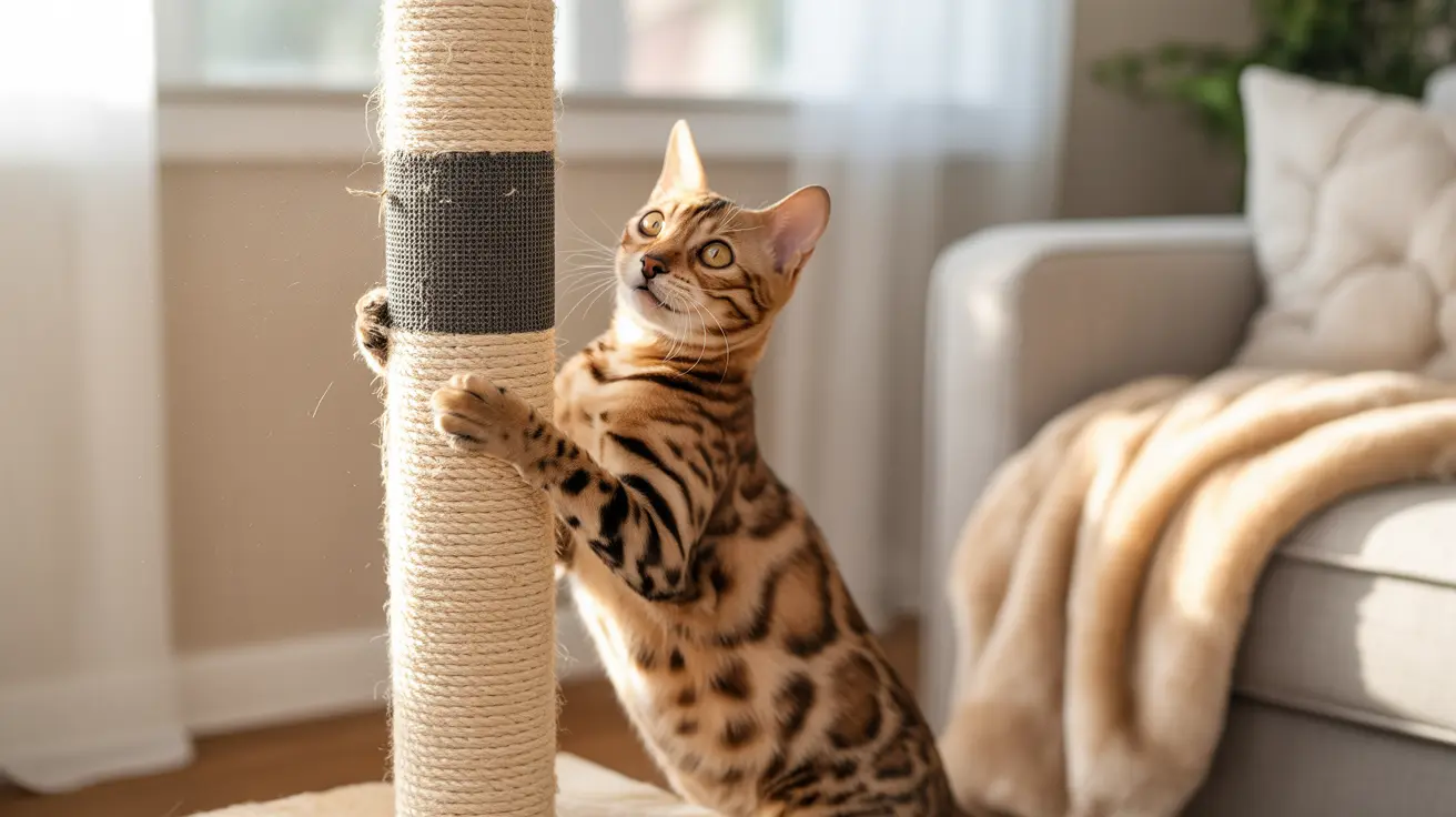 A Bengal cat stretching and clinging to a tall scratching post in a cozy living room setting