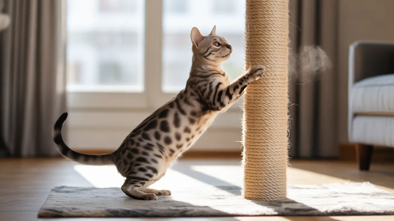 A Bengal cat stretching and reaching up to scratch a sisal-covered scratching post near a bright window