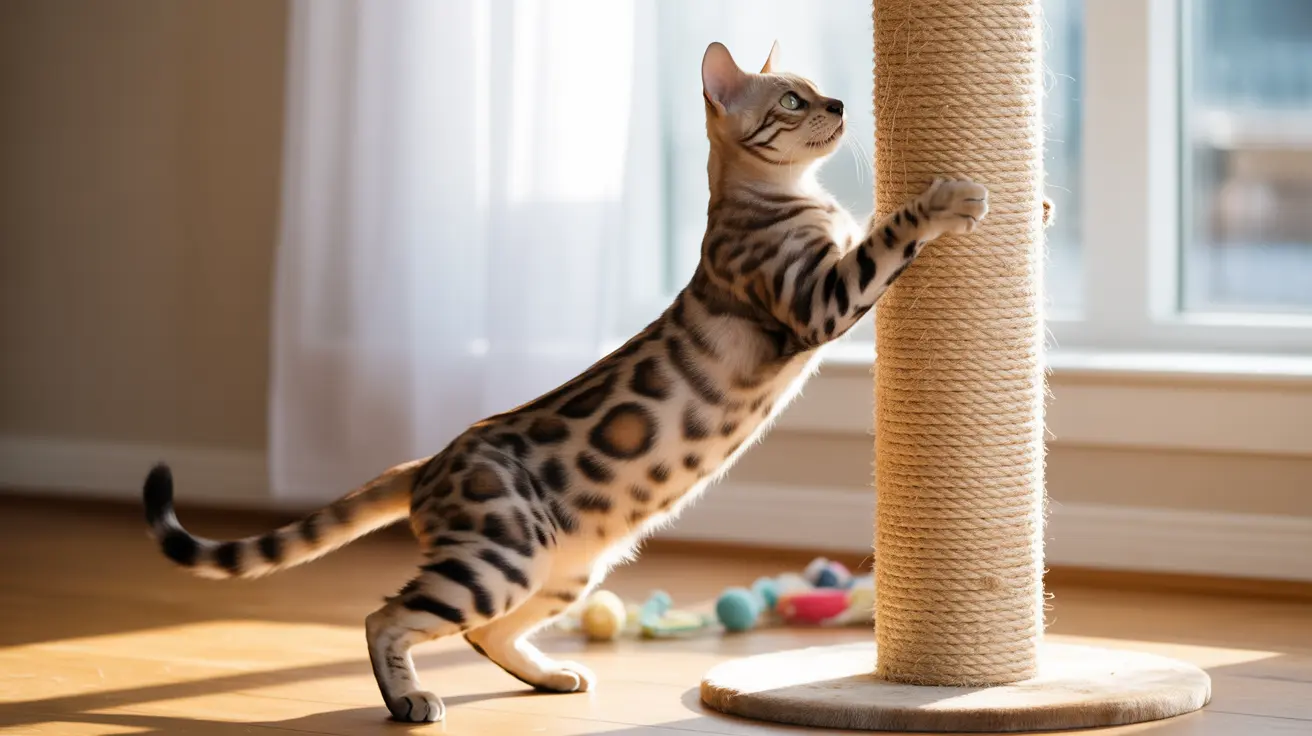 A Bengal cat stretching and reaching up to a scratching post near a sunny window