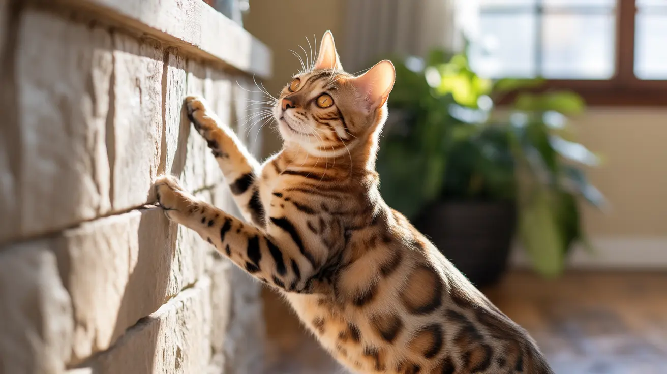 Bengal cat stretching and reaching up against a textured white wall with sunlight highlighting its spotted coat