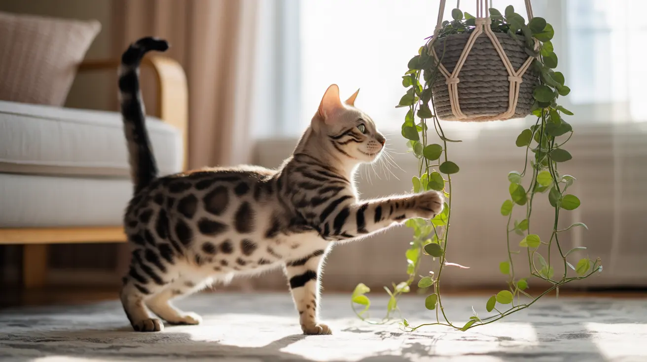 A Bengal cat with distinctive spotted coat standing near a hanging plant in a bright, modern living room.