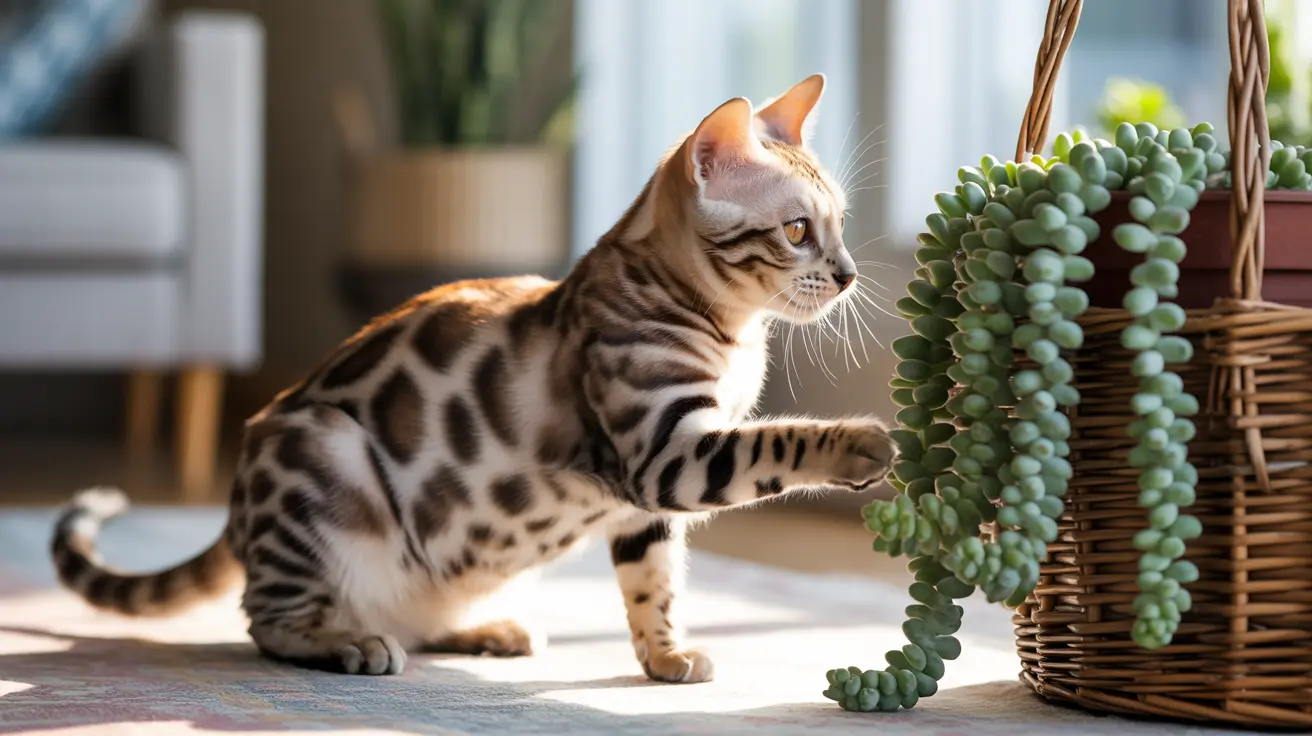 A Bengal cat sitting near a succulent plant in a bright, sunlit indoor setting