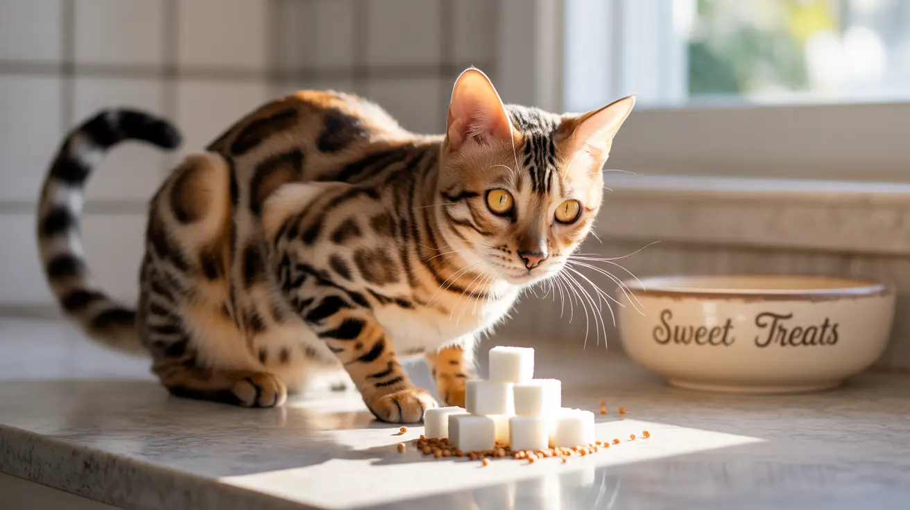 A Bengal cat sitting near sugar cubes and a 'Sweet Treats' bowl