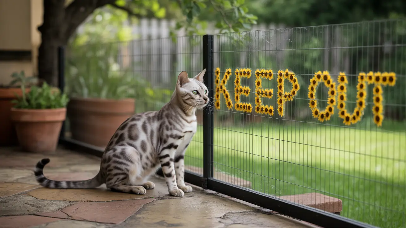 A silver and white Bengal cat sitting near a fence with a 'KEEP OUT' sign made of sunflowers