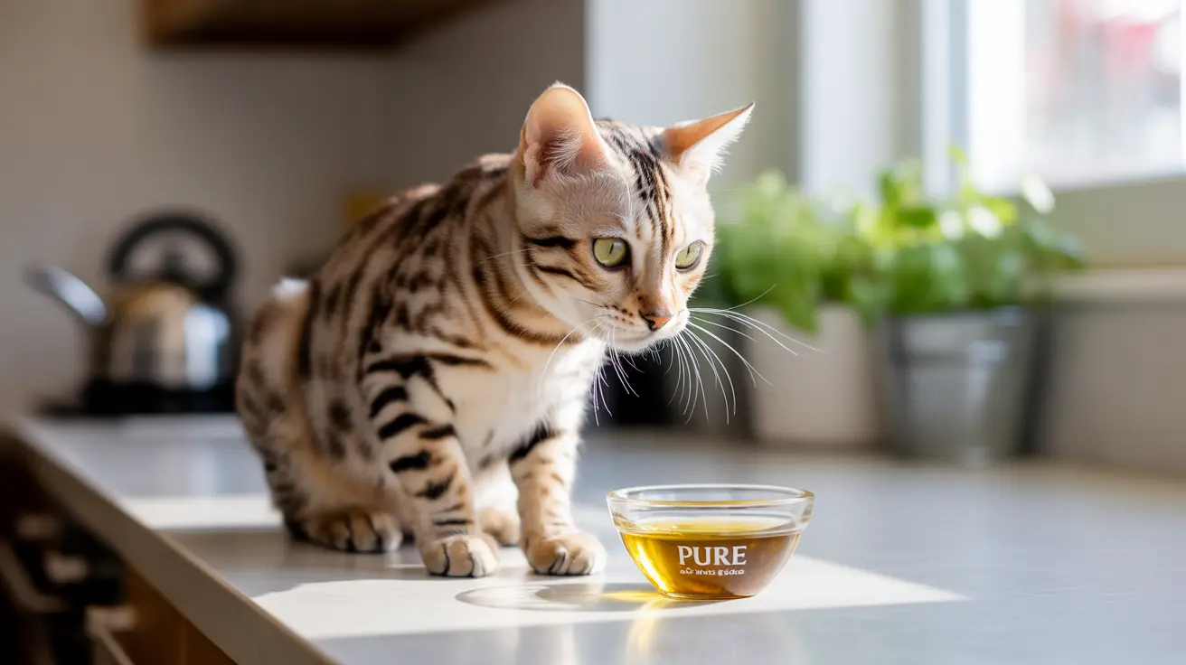 ベンガル猫が「PURE」と書かれたラベル付きの液体入りガラスボウルの隣でキッチンカウンターに座っている様子