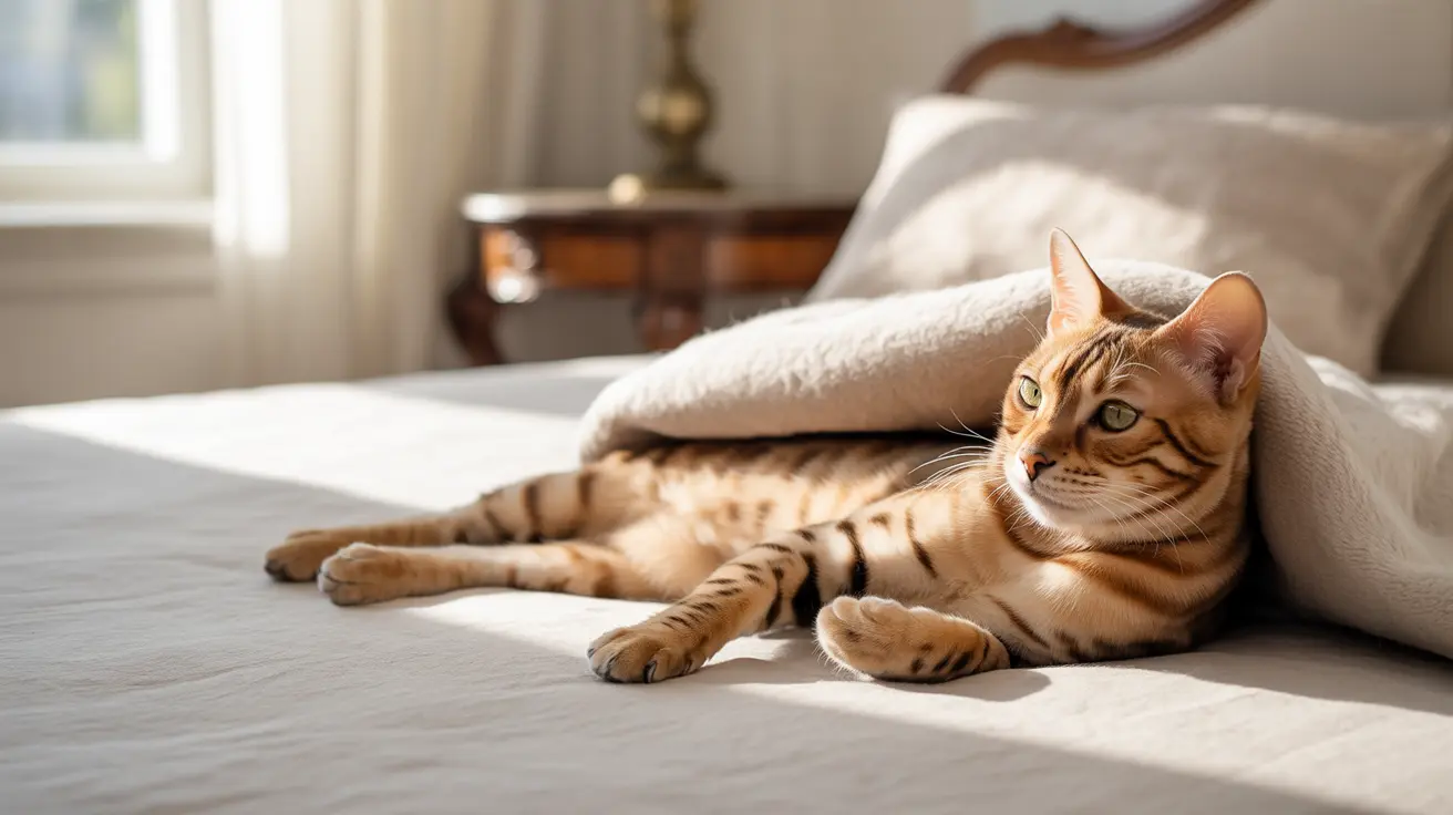 A Bengal cat lounging comfortably on a bed with soft sunlight streaming in