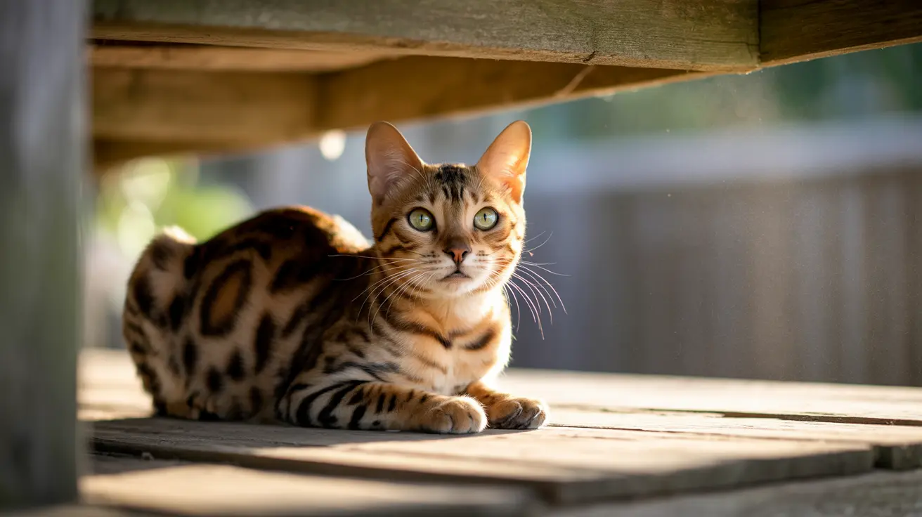 A Bengal cat sitting alertly on wooden planks under a wooden structure, bathed in soft sunlight
