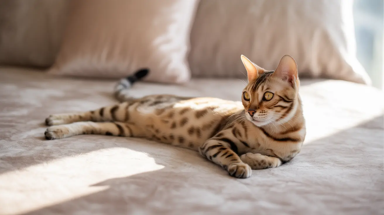 A Bengal cat lounging elegantly on a soft, neutral-toned couch with soft sunlight filtering in.