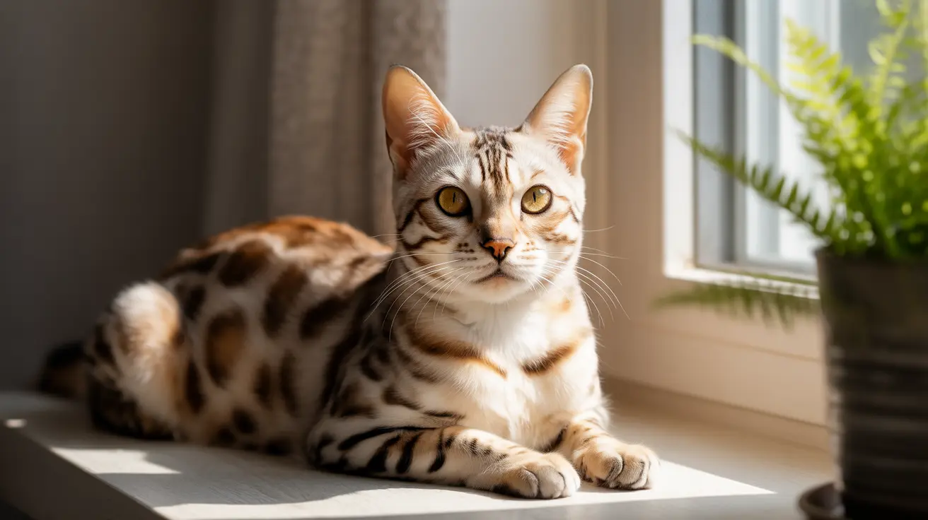 A Bengal cat sitting elegantly by a window, basking in soft sunlight