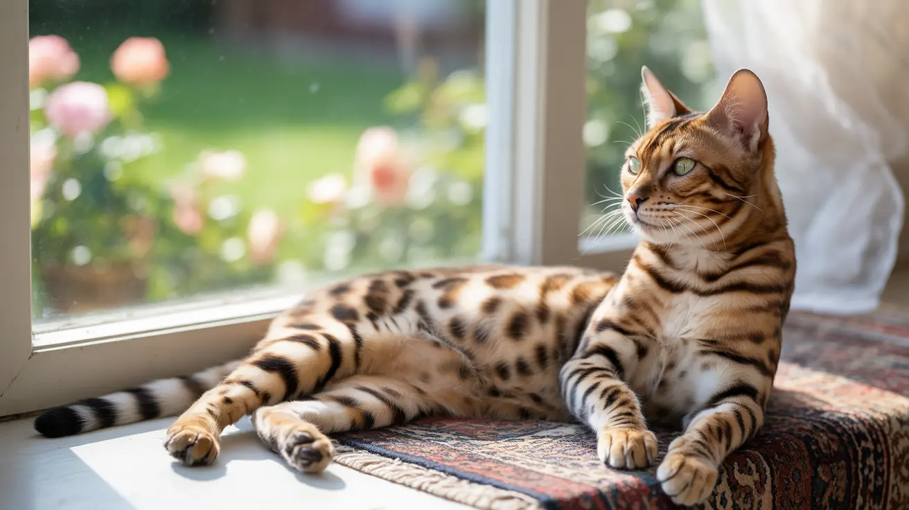 A Bengal cat lounging elegantly by a sunlit window with soft, blurred garden flowers in the background