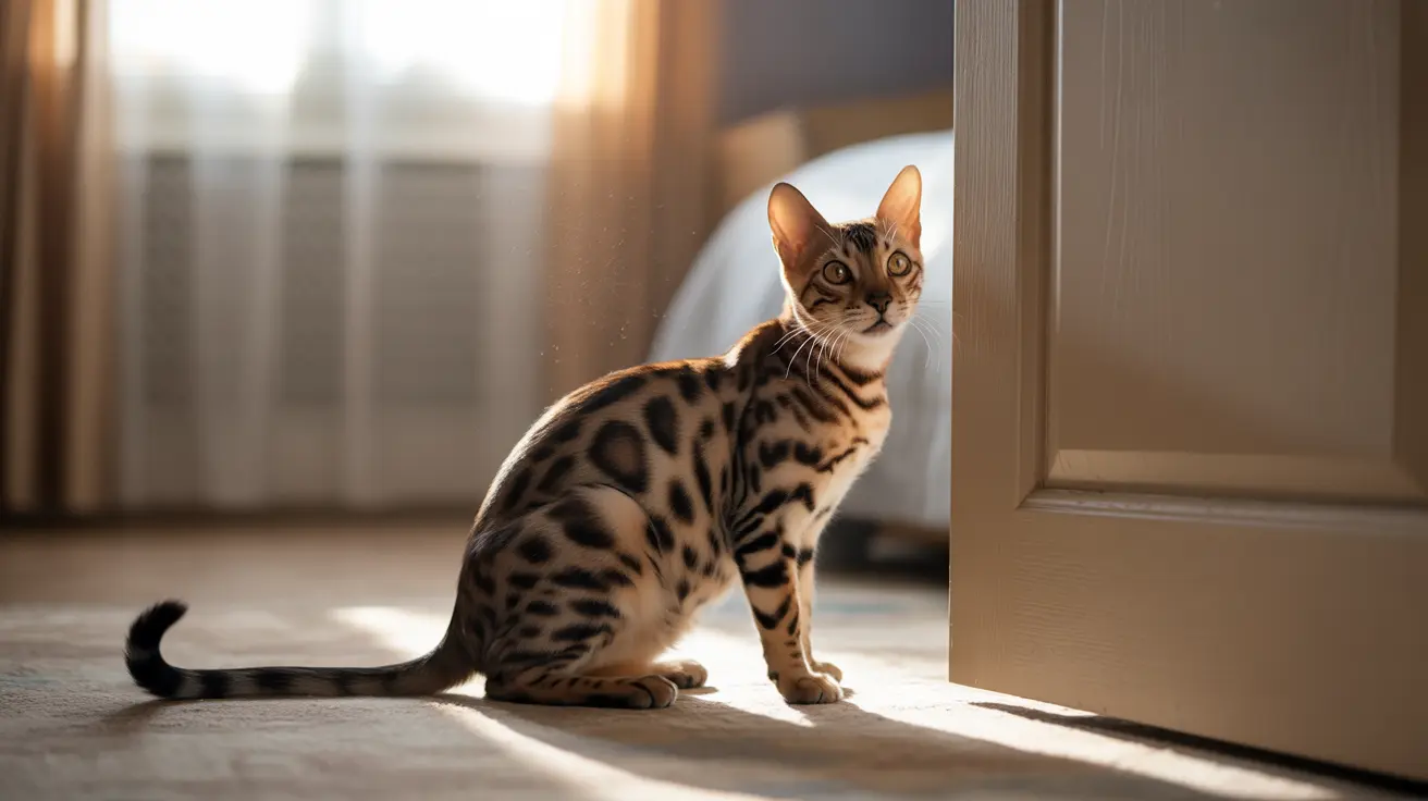 A Bengal cat sitting alertly near a wooden door with sunlight streaming across the floor