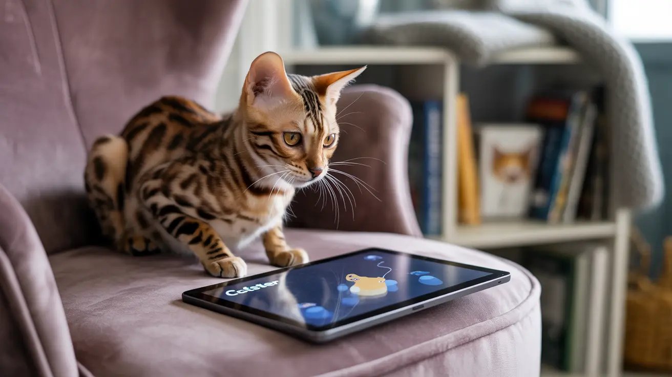 A Bengal cat sitting near a tablet displaying a cat-related app or game