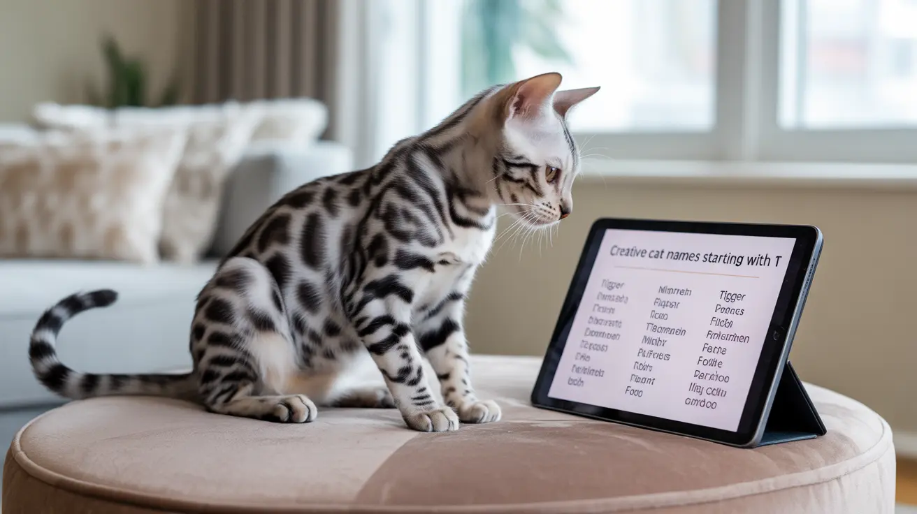 Un gato de Bengala sentado junto a una tableta que muestra una lista de nombres creativos para gatos que comienzan con T