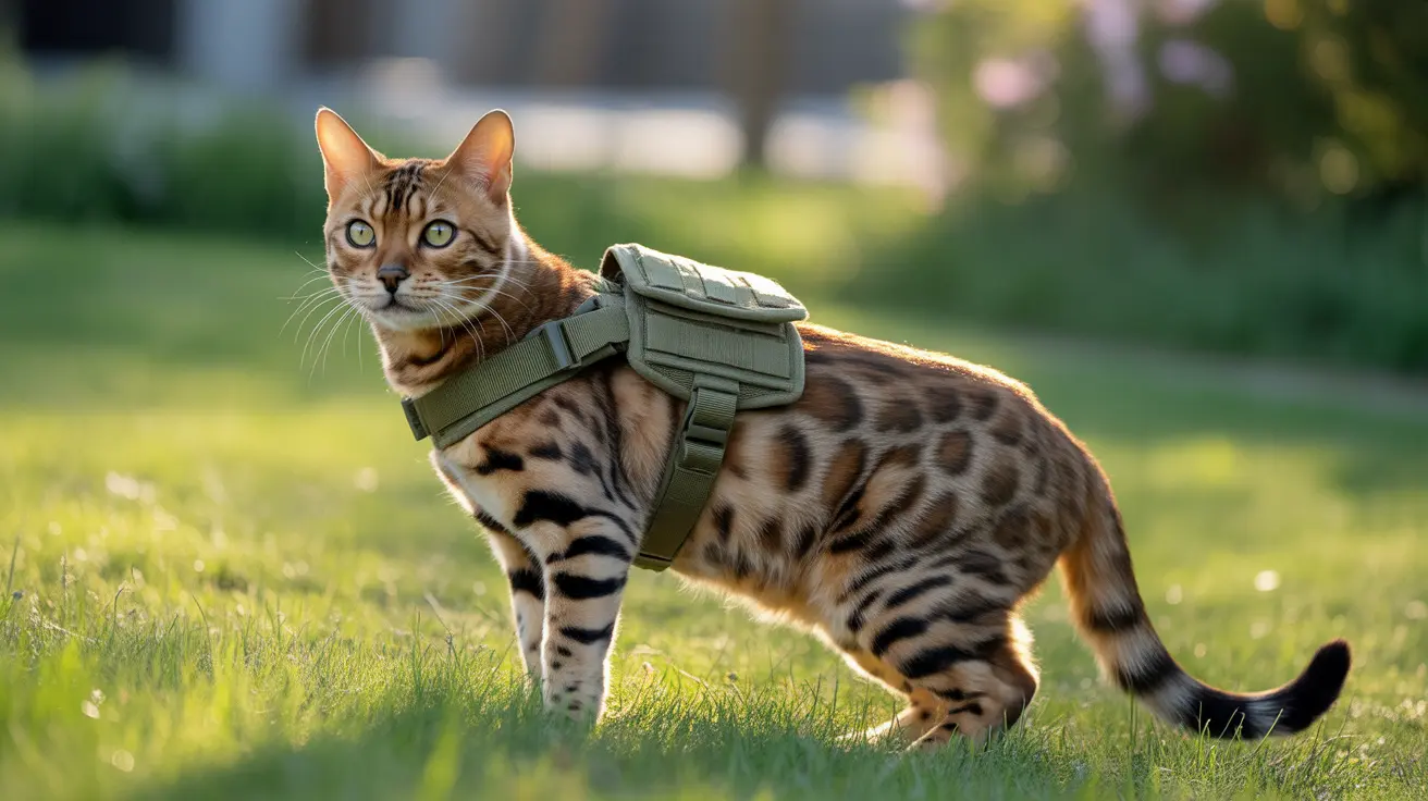 A Bengal cat wearing a tactical green harness standing on a grassy lawn with a blurred background