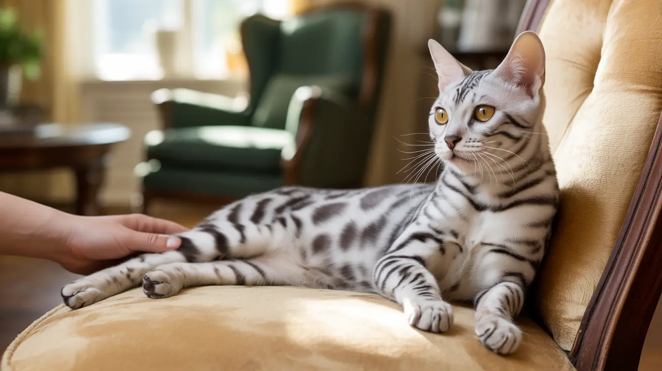A silver and black Bengal cat lounging on a beige armchair with a hand reaching out to pet it