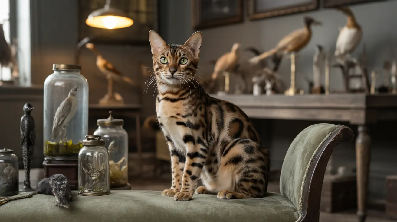 Bengal cat sitting on a green velvet chair with vintage specimen jars and bird figurines