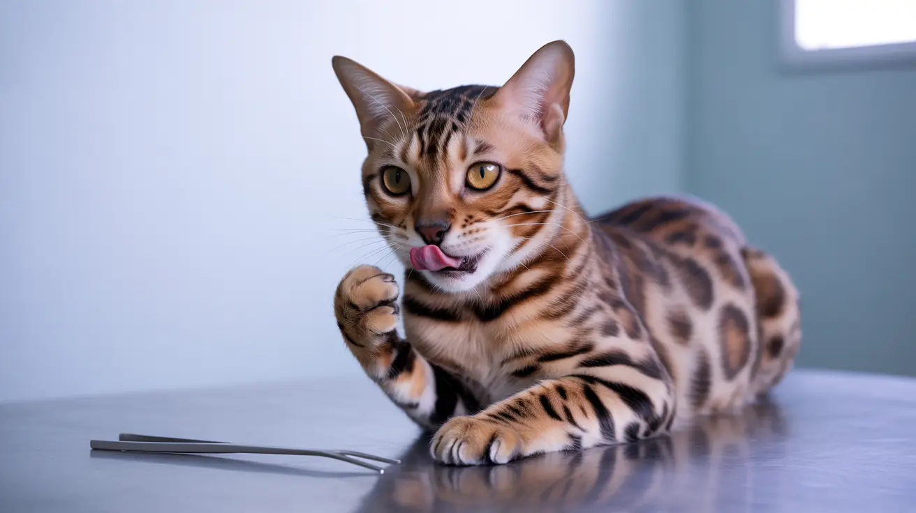 A Bengal cat sitting elegantly with its tongue slightly out, displaying its distinctive tiger-like markings.