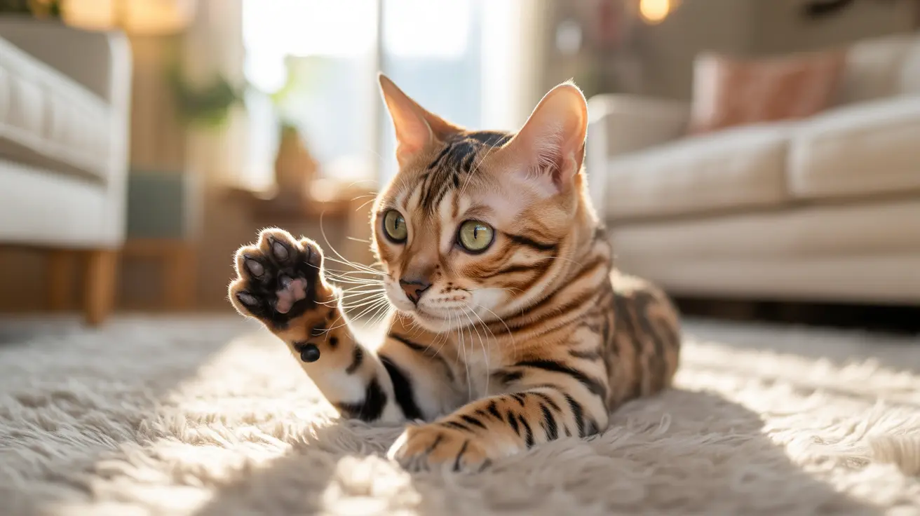 A beautiful Bengal cat with striking tiger-like markings lounging on a soft, fuzzy rug in a sunlit living room.