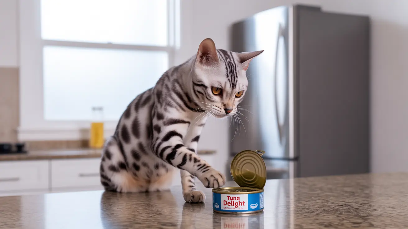 A silver and black Bengal cat sitting on a kitchen countertop next to an open can of tuna