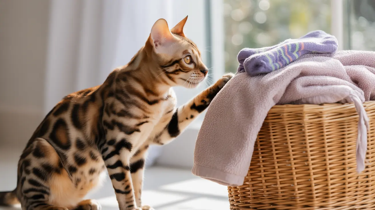 明るい窓辺でベンガル猫が柔らかく畳まれたタオルの入った編みカゴに手を伸ばしている様子