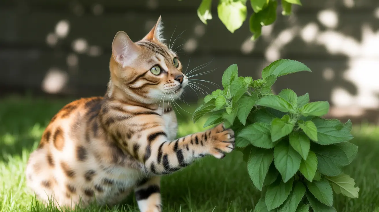 A Bengal cat on grass touching a leafy plant with its paw