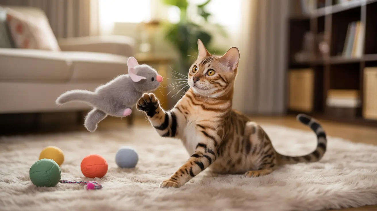 A Bengal cat playfully interacting with a small toy mouse on a soft rug surrounded by colorful play balls