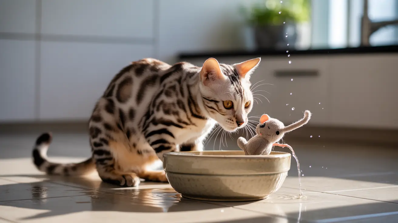 A Bengal cat curiously observing a small toy mouse in a ceramic bowl with water splashing around.