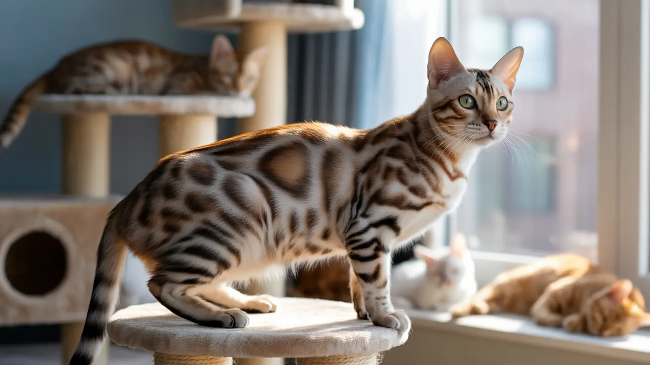 A Bengal cat standing alert on a cat tree in a sunlit indoor space with other cats in the background