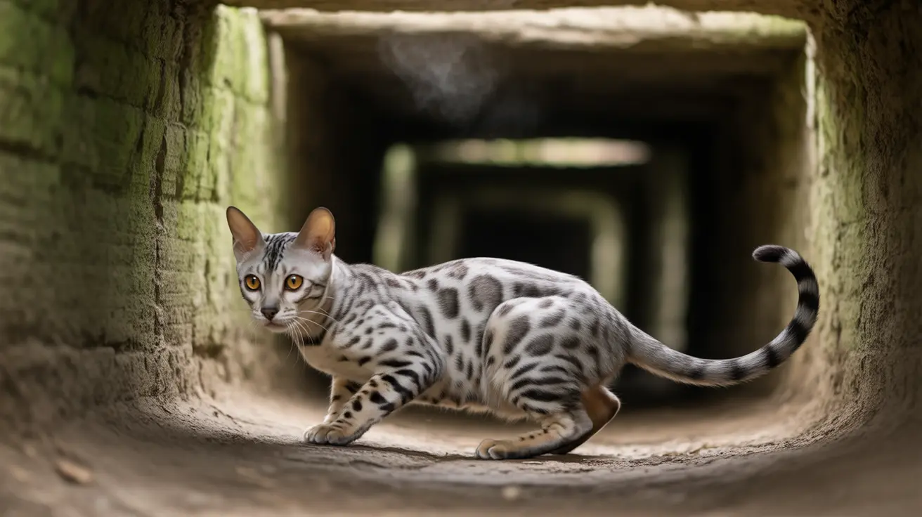 A Bengal cat with spotted markings standing alert inside a stone tunnel