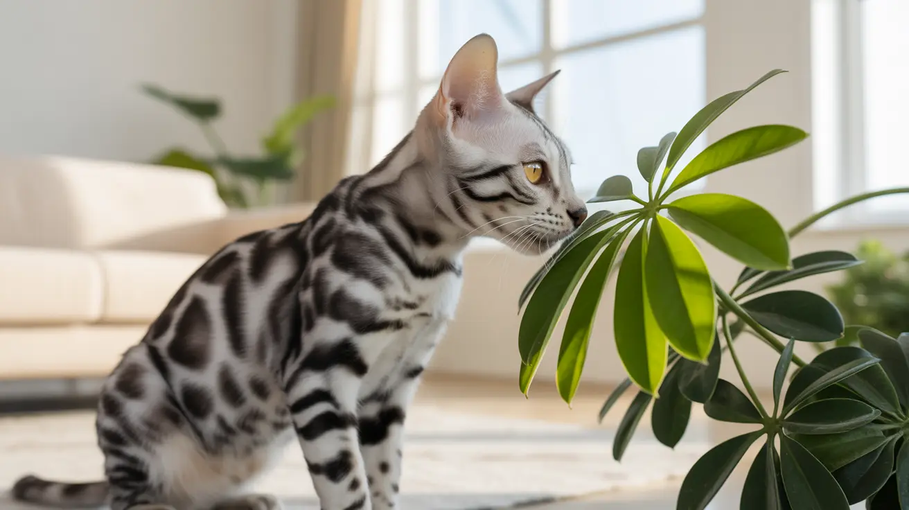 A silver and black striped Bengal cat investigating the leaves of a green houseplant