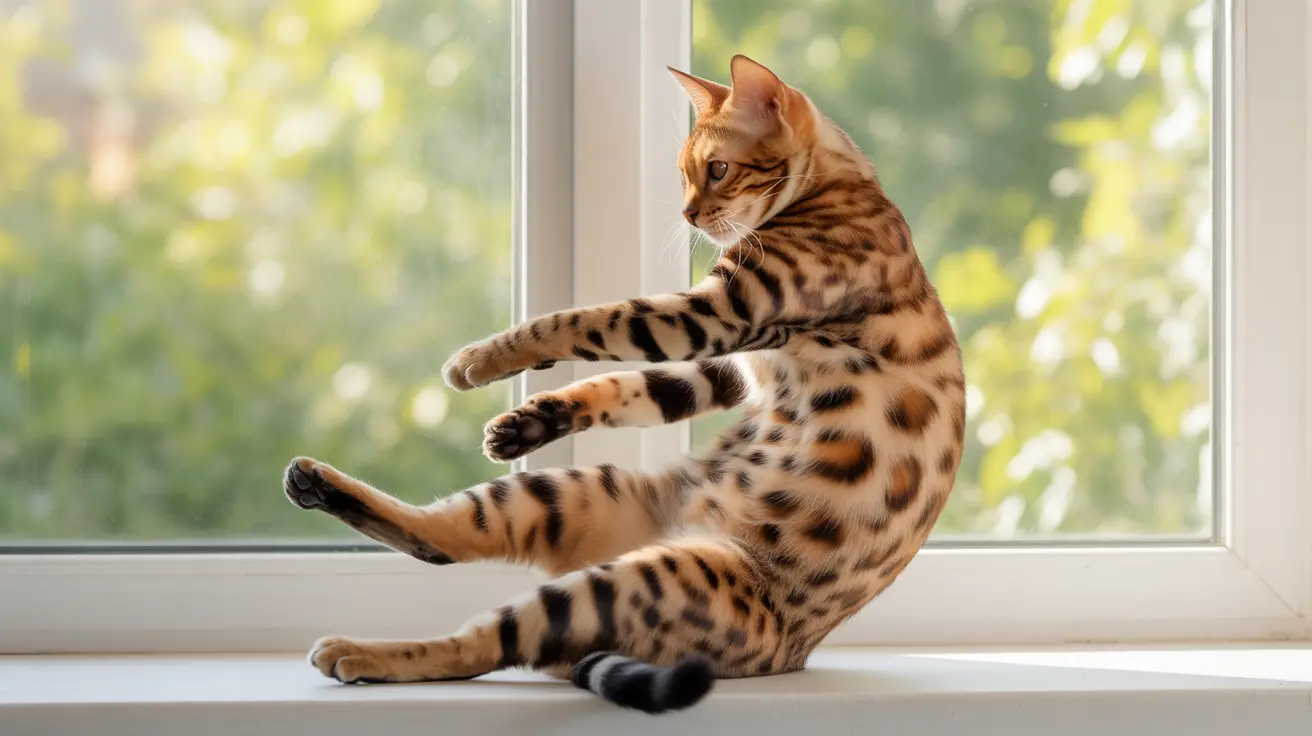 A Bengal cat sitting on a windowsill in an unusual, stretched-out pose with extended limbs.