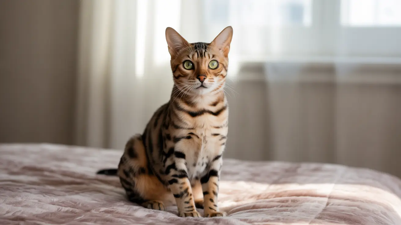 A Bengal cat sitting upright on a soft, textured bed with an alert and poised posture.