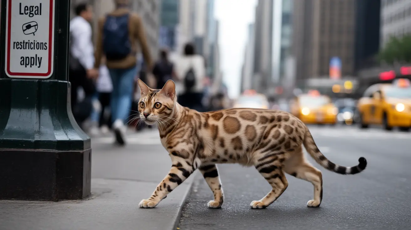 A Bengal cat walking confidently across a busy urban street in New York City