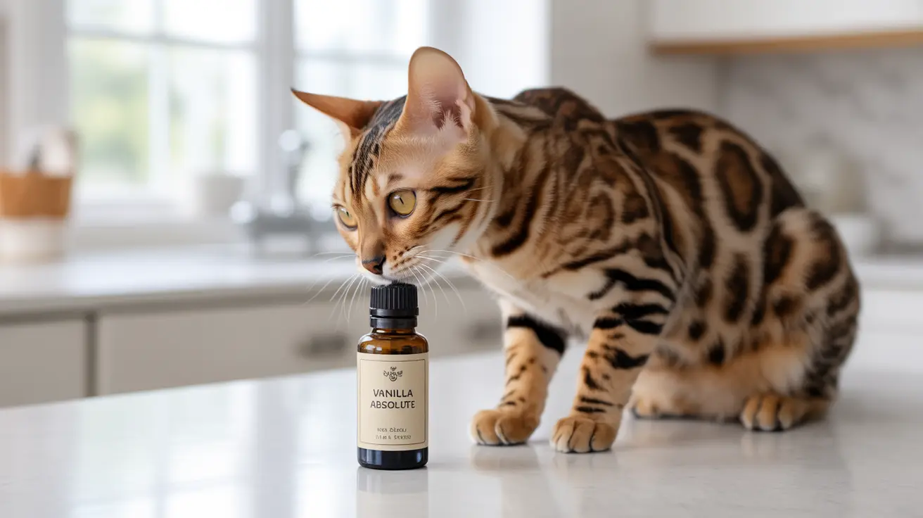 A Bengal cat investigating a vanilla essential oil bottle on a kitchen counter