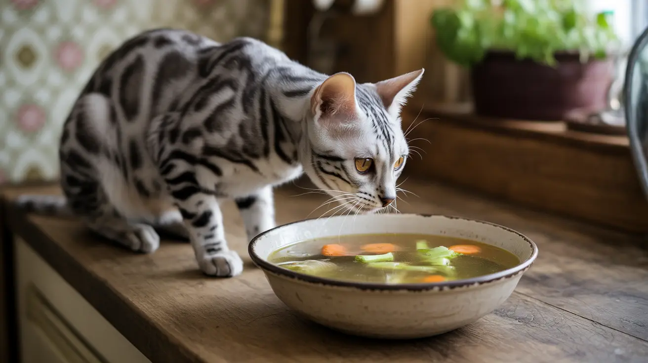 A silver and black spotted Bengal cat intently looking at a bowl of vegetable soup on a wooden surface