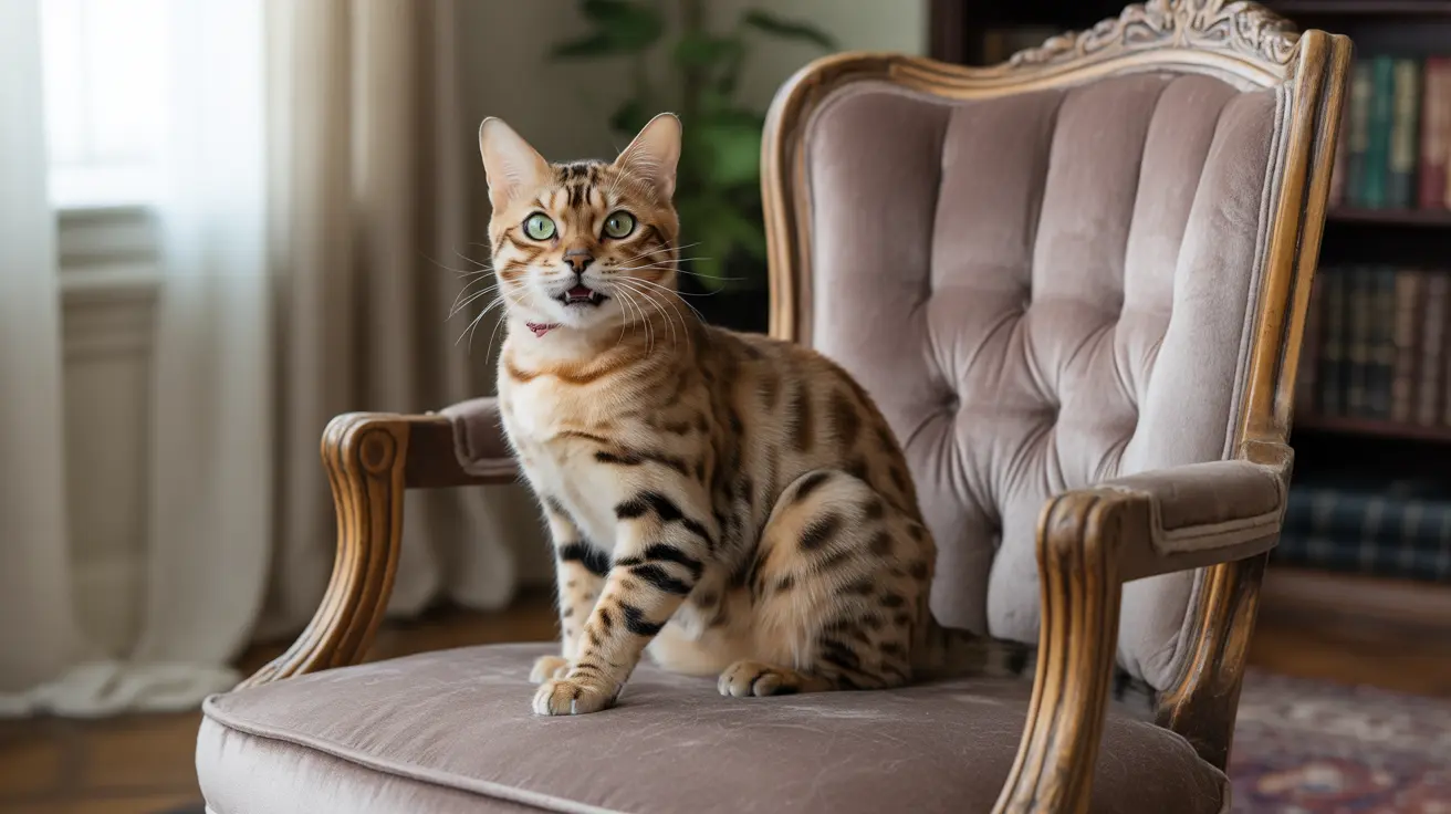 A Bengal cat sitting alertly on a tufted velvet armchair in a cozy home interior.