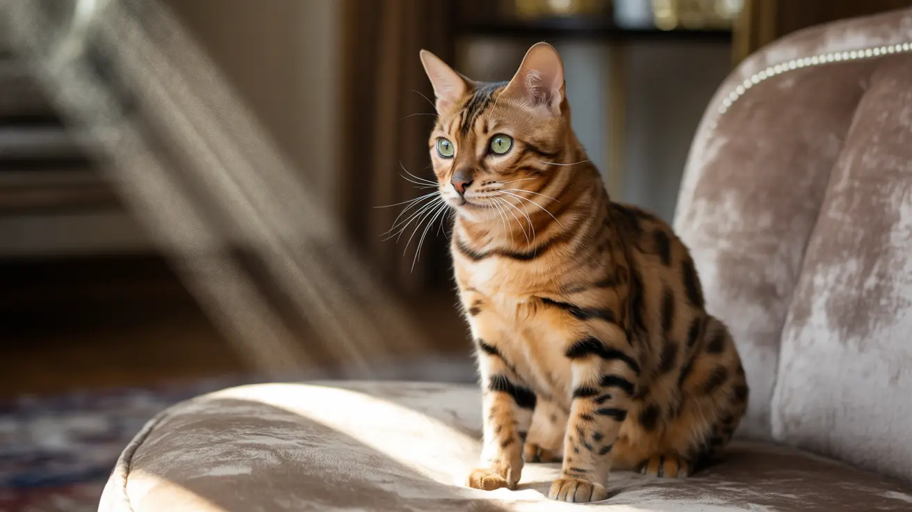A stunning Bengal cat sitting alertly on a velvet armchair, displaying its distinctive leopard-like spotted coat.