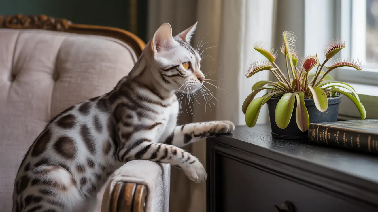 A silver and white Bengal cat sitting attentively on a beige armchair near a Venus flytrap plant