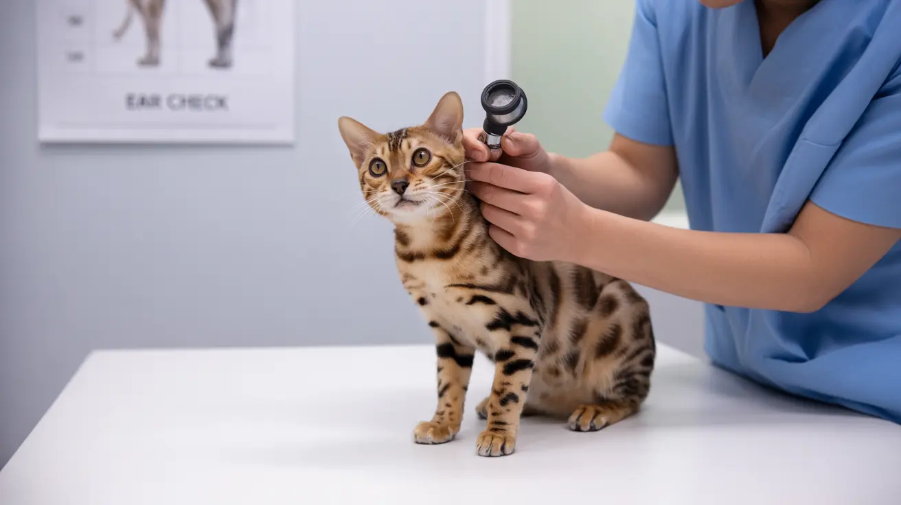 A Bengal cat receiving a veterinary ear examination