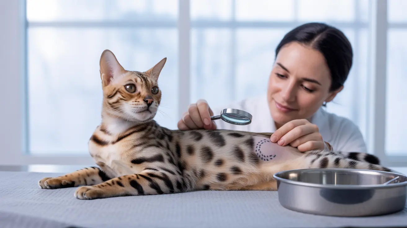 A Bengal cat being examined by a veterinary professional using a magnifying glass