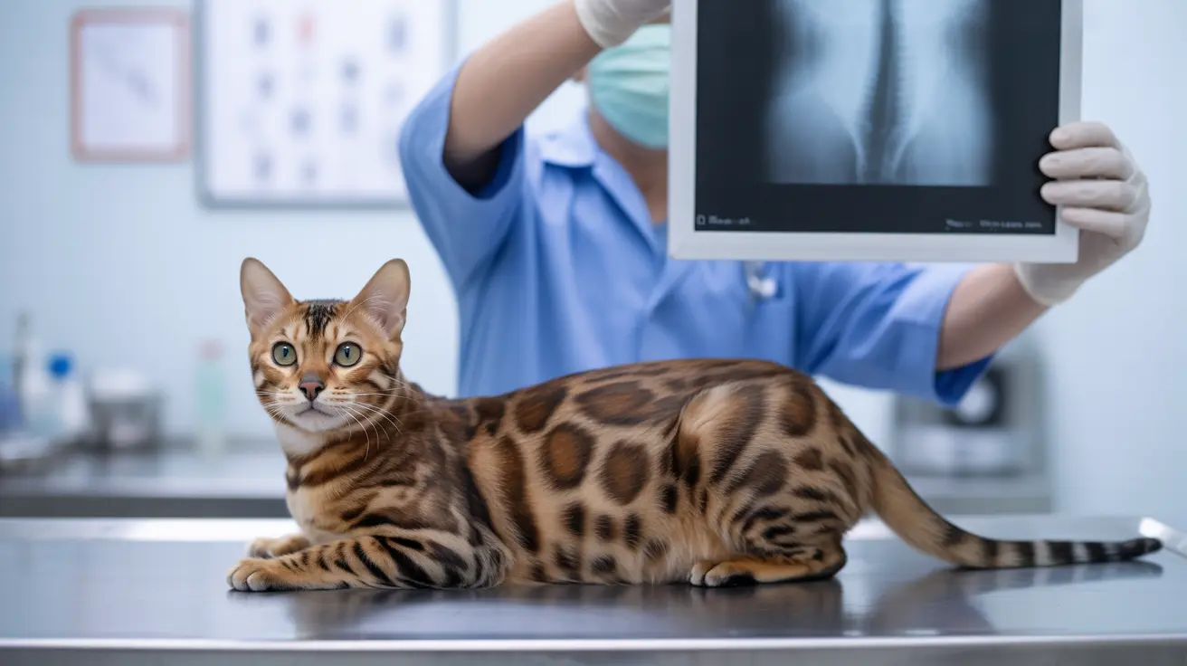 A Bengal cat sitting on an examination table with a veterinary professional examining an x-ray